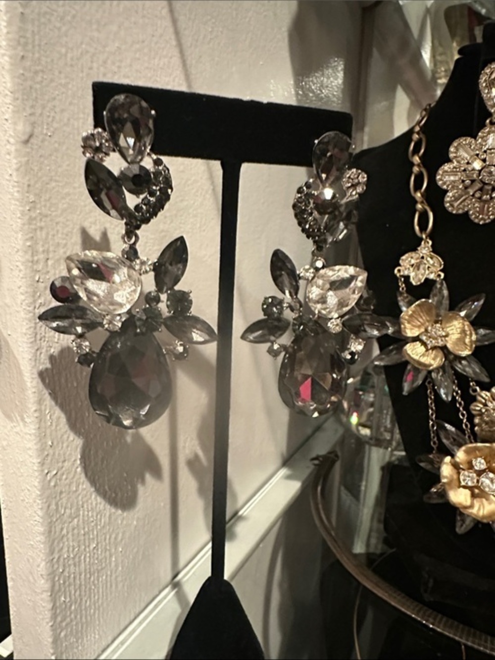 Crystal Drop Statement Earrings Silver Gray Green Chandelier Teardrop Earrings